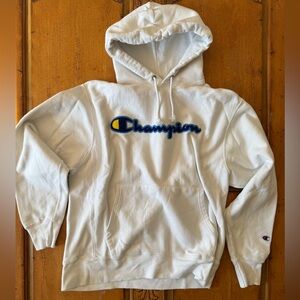 Champion White and Blue Logo Hoodie